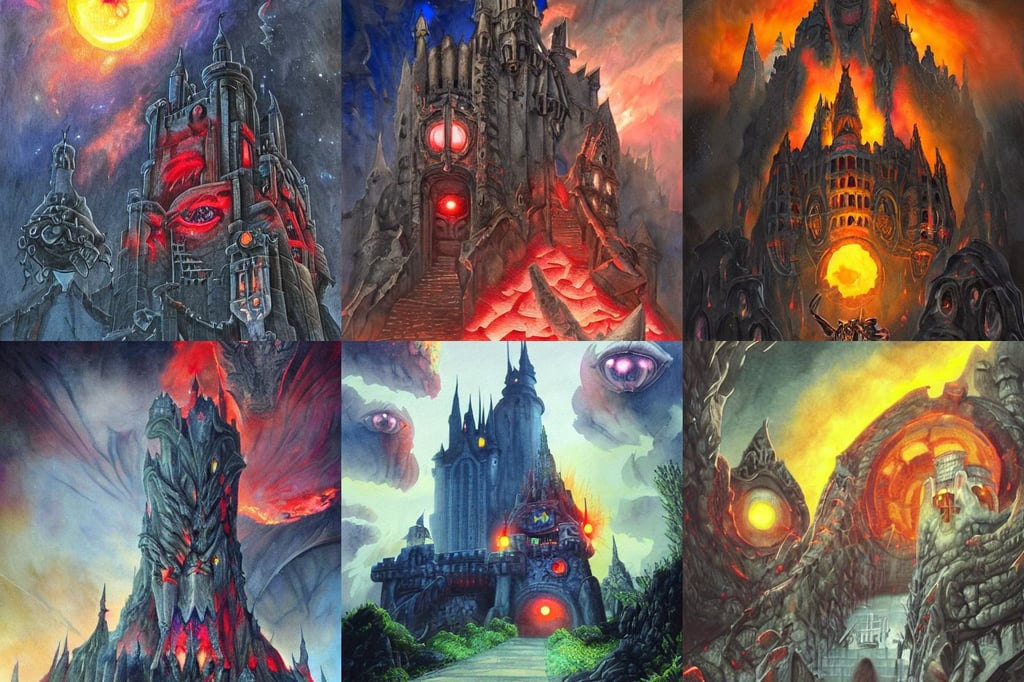 A castle made out of white stone covered in fire, stunning sunset, Metzinger, reptile eyes, sleek glass buildings, glowing red eyes, dark fantasy landscape, adrian ghenie, insectoid architecture, garden, has a face of a nebula within a marble, hindu piercings, by james jean and by artgerm, children's book watercolor drawing, BioShock, river, g cgsociety, torturous, insect, octane blood 8 realism, colour led gel