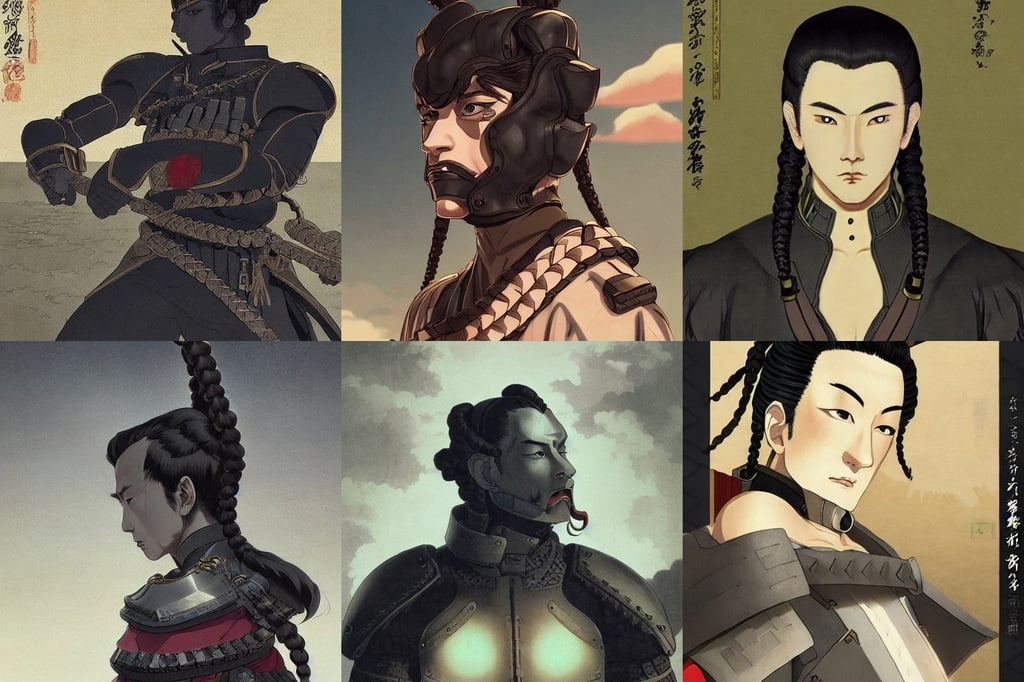 symmetric nose, zenithal lighting shadowing the push - up, black armored uniform, atmospheric. digital painting, by Utagawa Kuniyoshi, his hair in seven braids, art by wlop or krenz cushart, intricate scenery, 4 8 k, Carcassonne, paved roads, portrait style