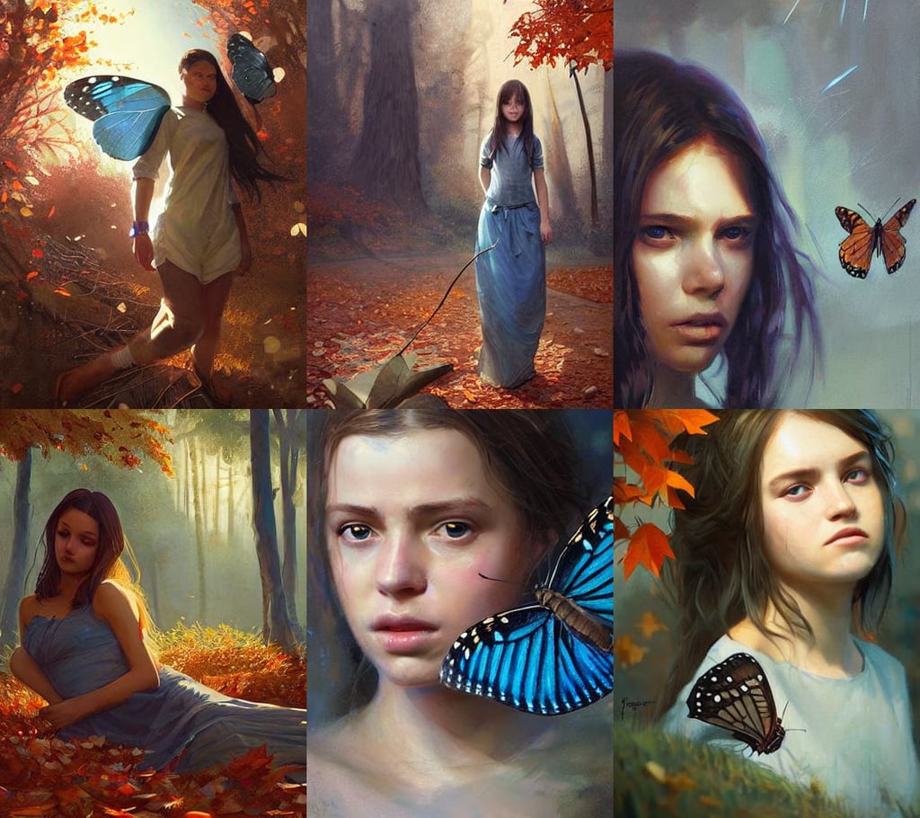 portrait of a girl by greg rutkowski, pistons and bolts, sharp focus highly detailed, soft painting, butterfly wings, autumn leaves on the ground, art gta 5 cover, a fantasy digital painting by James Gurney, subtle blue, dusk