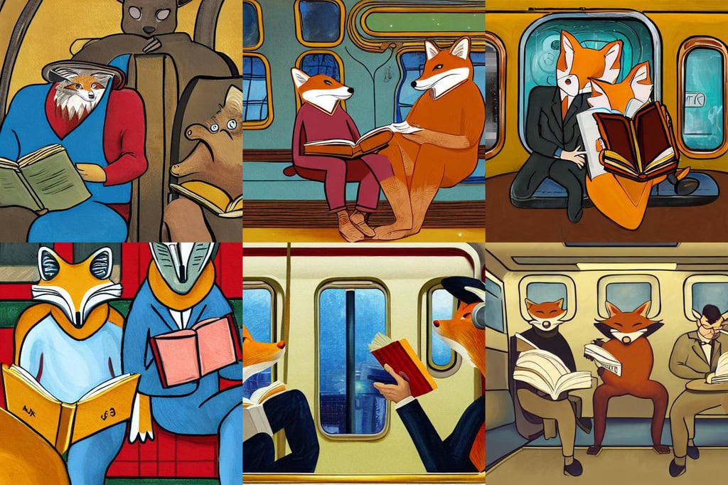 a painting of two men reading a magical book while sitting in a subway car, anthropomorphic fox, legs spreaded wide open, sci fi digital painting, unrefined gold nugget with organically sculpted lines