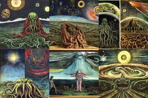 In His House at R'lyeh Dead Cthulhu waits dreaming, art by Tiziano Vecellio Di Gregorio, expansive sky, Variated Greenery, galaxies exploding, art by Francis Bacon, art by Andrea Mantegna, perfection