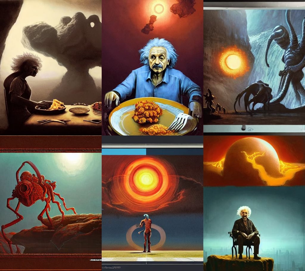 A photo of Albert Einstein eating Idli Sambar, artstation photography, ring of fire, by gerard brom and zdzisław beksinski, huge pauldrons, tropic climate, concept art by Ian McQue, digital art by Capcom for Monster Hunter (2020), photographic print, large window showing earth, a huge humanoid mantis-man with a katana, elaborate oled jewelry, crown of white lasers, short blue hair!!!, painted by akihiko yoshida from bbwchan, 1 7 7 6 edition, principal concept artist. practice. trending on artstation. # traditional ink dry media.