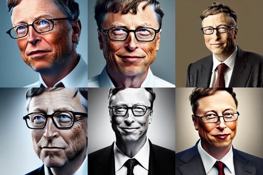 A portrait photo of Elon Musk, crisp detail, depth of field, volumetric lighting, octane render, :50 A portrait photo of Bill Gates, crisp detail, depth of field, volumetric lighting, octane render, :50