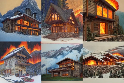 mountain chalet covered in fire, line sketch, wes anderson, drawn by Donato Giancola and Artgerm