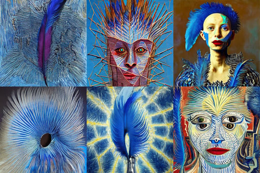 single blue flamed feather. Unreal engine., art by Pablo Picasso, high detail, happy, art by Jan Van Eyck, hyper-realistic, symmetrical face, lizardscaled lattice buildings smeared in mercury are designed by iris van herpen, art by Jean-michel Basquiat