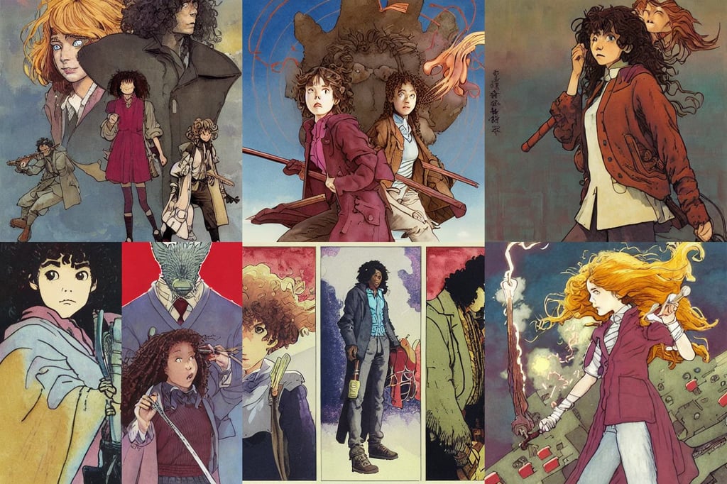 Hermione Granger by Moebius, art by Albrecht Dürer, art by miyazaki and Ian McQue and Akihiko Yoshida and Katsuya Terada, art by Winslow Homer, art by Jean-michel Basquiat, quality render style of Masamune Shirow and Tsuaii, art by Joan Miró, art by Domenikos Theotokopoulos, art by Rembrandt Van Rijn, from another world, wearing white gothic_plate_armour, art by Wassily Kandinsky, art by William Blake, surprised and shocked expression, Brian Sum