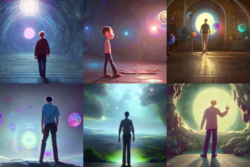 a wholesome animation key shot of a man going blind after discovering the most hidden secret of the universe, trippy, multiverse, abstract, medium shot, waist up, pixar and disney animation, sharp, rendered in unreal engine 5, anime key art by greg rutkowski, bloom, dramatic lighting