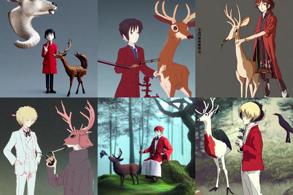 a deer wearing a white formal coat conversing with a crow wearing a red formal coat, cuteness, Mononoke-hime, 80s fashion, modern haircut, 3d render diorama by Hayao Miyazaki, copper quiff hair, smoking a weed cigarette with smoke, bored, light blue braids, detailed clothing, dramatic holding ornate cane pose, imaginative!!!