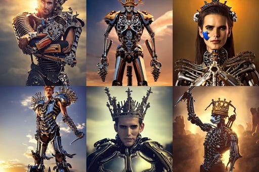 portrait shot of the king of the bionic skeletons with a crown of blades, shot at golden hour, valentina remenar, gaston bussiere and artgerm.