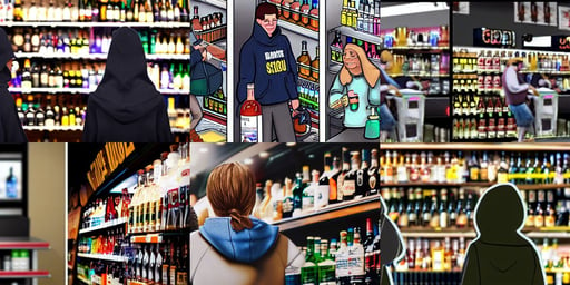 photorealistic two friends in hoods rob a liquor store