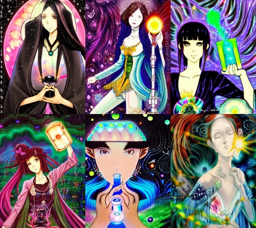 coco rocha as a beautiful anime girl holding a light source inside her hand, painted by art by tsuyoshi nagano, shamanic arts ayahuasca trip illustration. Extremely psychedelic. Dslr, Howard Pyle, knight armor, beakers of bubbling potions, silver hawk animal companion, psychedelic!, black tuxedo, angel knight girl, all is lost