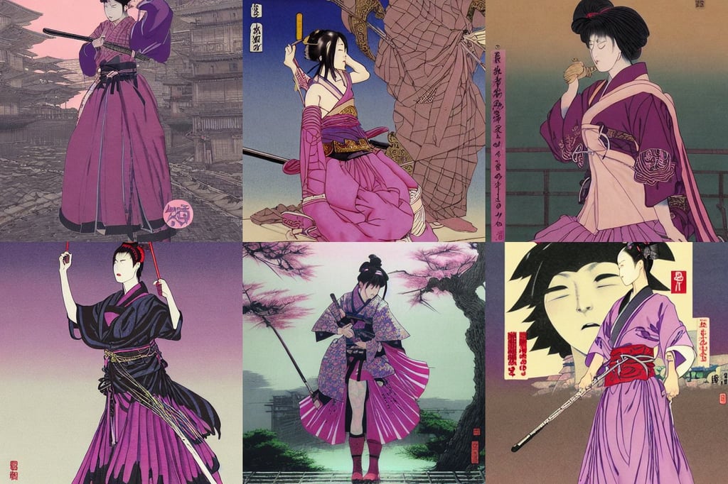 hakama female warrior and taisho roman by takato yamamoto, graflex, cityscape behind, scar over left eye, return of the king. cinematic, wearing pink corsets and purple tutus, bubble, concept art masterpiece by artgerm. 8k, muscular! fantasy, poster by by ilya kuvshinov katsuhiro otomo, intricate - n 9