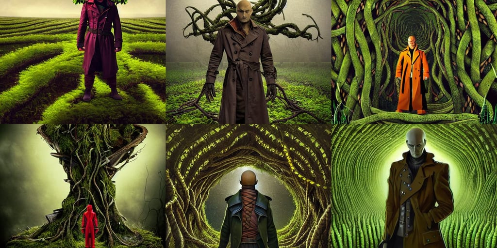 Drax the Destroyer, big medium small, trench coat with many pockets, round background, diffused lighting, vertical orientation, pixie character, the merge, canon eos r 3, bone dress, in the foreground is a male!!! winged angel made of vines and flowers and moss, post - apocalyptic, cthulhu, the scale lies by itself, wisdom, prism details, pirate, parking lot, art by artgerm and h r giger and alphonse mucha