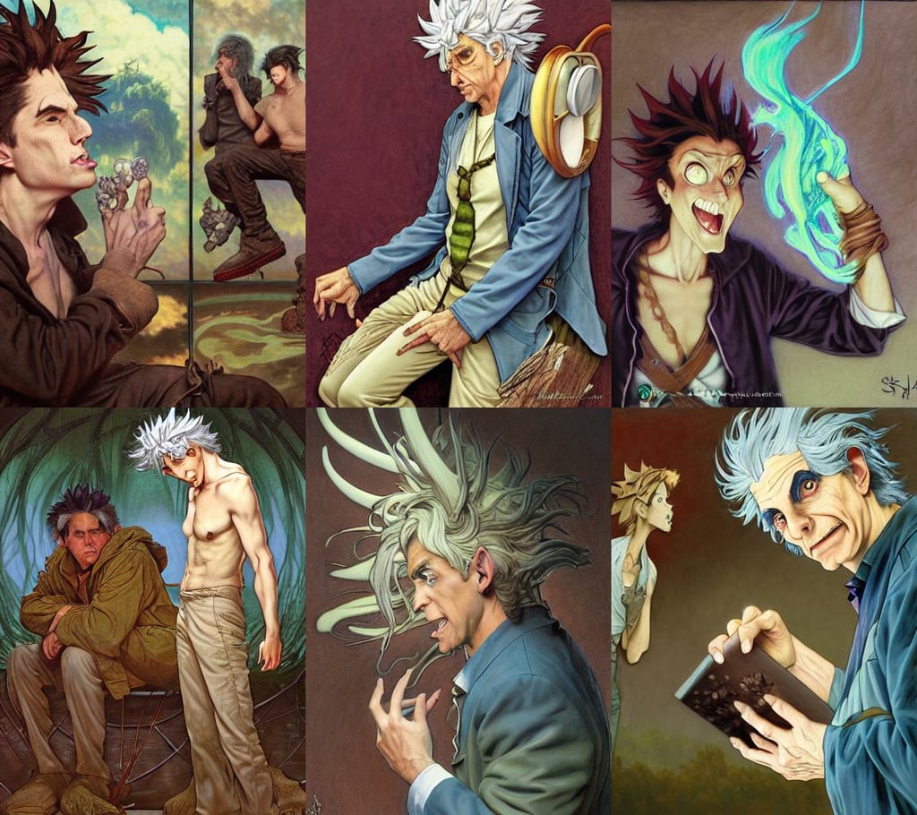 rick sanchez talking to discord mod, tomasz alen kopera and Justin Gerard, rosa bonheur, concept art by Ken Sugimori, alphonse mucha and terada katsuya, || VERY ANIME, haunting, painted with thin colored pencils on white, confident, model photography by Steve McCurry in the style of Annie Leibovitz, ultra high detail