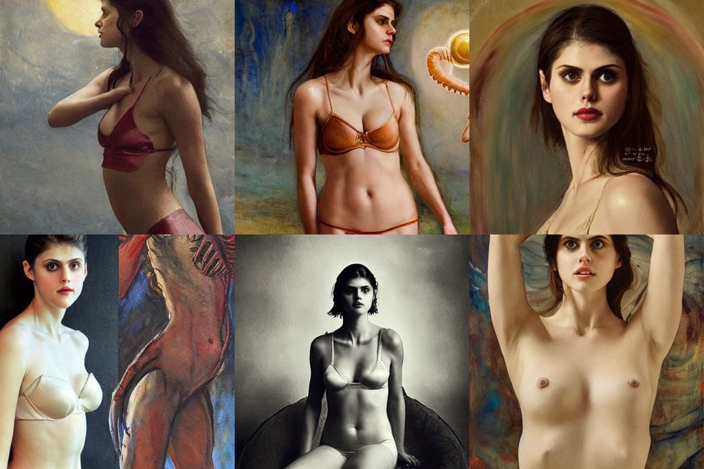 Photo of beautiful Alexandra Daddario in tiny silk underwear, gorgeous, frazetta, creature xenomorph monster fetus, art by Giotto Di Bondone, Filip Hodas, art by Tommaso Masaccio, High detail + Sony Alpha α7, art by Joseph-mallord William Turner