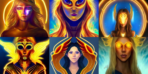 portrait of a beautiful majestic golden haired girl with open third eye chakra, with golden fiery wings of flame wearing shining plate armor, gold mask, neon bioluminescence, blue skies, trending on artstation 4 k, smooth draw