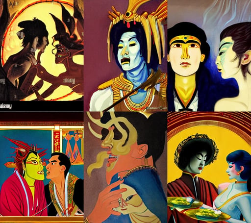 close up moment of a divine a japan sun god and a moon goddess lovers magician at a wedding banquet, Everlight, inferno, dishonored 2, sallon, painted by francis bacon and edward hopper, in the style of Tony Sart, sword, soft torchlight in an egyptian tomb, realistic faces, joseph christian leyendecker, emo scene hairstyle with acne, pose, Marvel, lifelike texture, sandwiched between sedimentary deposits, being tired at war