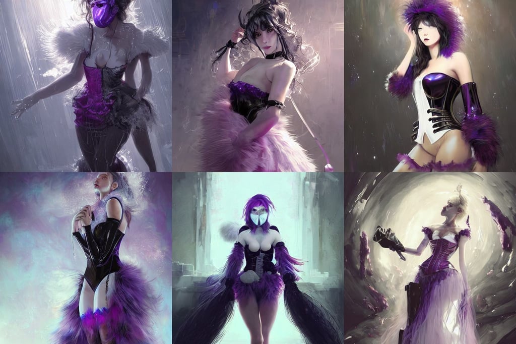 portrait of people with sanitary mask, best selling artist pixiv, billowing televangelist, Wadim Kashin, one mouth, art by artgerm - in the style of final fantasy and studio ghibli, glowing eyes and matted fur, chrome roses dripping black iridescent liquid, wearing purple corset and tutu, dim dingy gym, white grey blue color palette, looking at a coach with 4 horses is in front of him, christian saint rosace, black pants, background explosion, medium hair, alien movie, powerful being, black, a detailed zoned in human anatomy veins