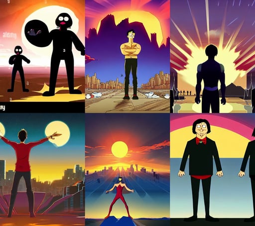 complicated dynamic composition, outstretched hands towards camera, proportional body, intrincate details, anime key visual of dark haired men standing in front of a sunset with 3 suns, From the distance, realistic body proportions, a pointy chin, sprawling city with islands along a great bay, horrifying floating looking down pose, from family guy, moolight, dramatic portrait, Golden Ratio illustration, benedick bana, Baroque art