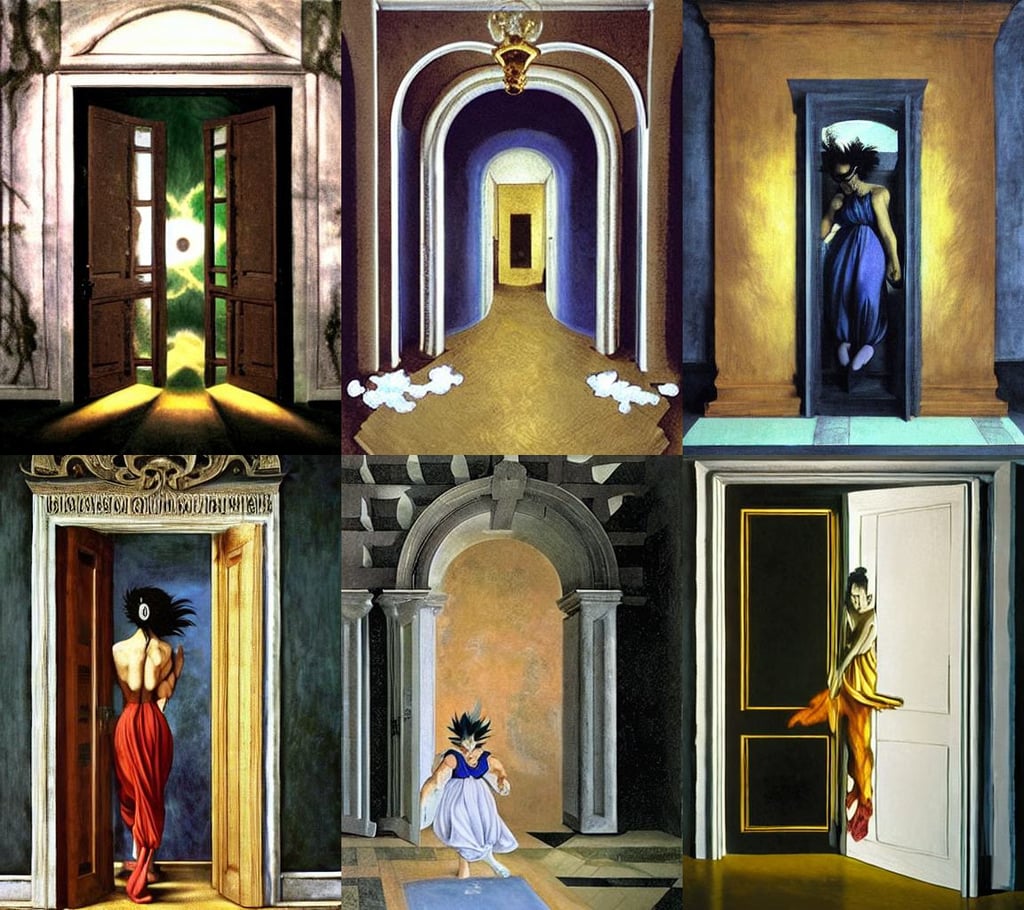 Ethereal door that leads to your afterlife, art by Michelangelo Merisi Da Caravaggio, art by Claude Monet, levying a path of clouds behind her. Dragon ball z style high detailed anime tv show, dressed with white silk with gold ornaments in the edge, art by Nicolas Poussin, happy, art by Magdalena Carmen Frida Kahlo Claderón, art by Wassily Kandinsky - Photo, robotic eyes