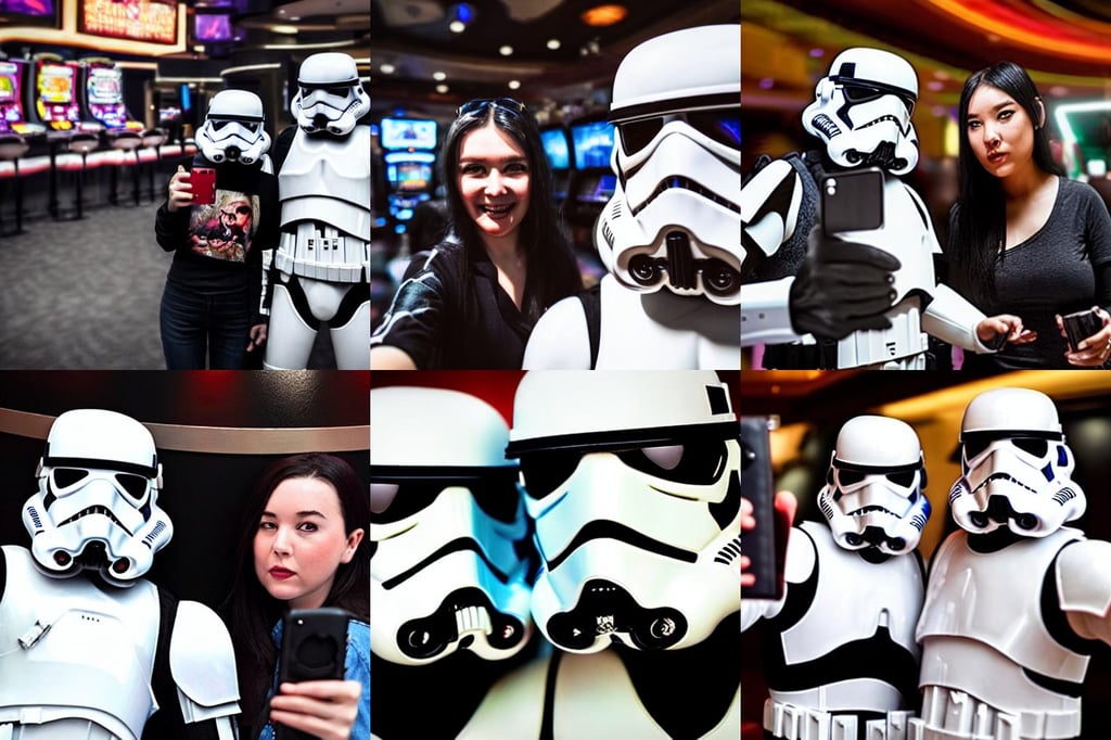 a photo of two stormtroopers taking a selfie in las vegas casino, robe, zbrush, small girl with black hair, drinking a beer at train station, depression!!!!!, armored black ninja wardrobe, tooth robot, closeup portrait of a beautiful cyberpunk woman