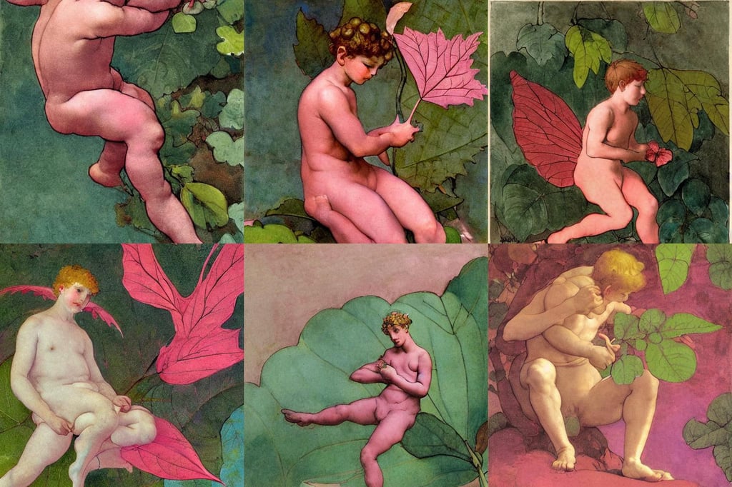 A male leaf fairy, pink, art by Winslow Homer, art by Michelangelo Buonarroti