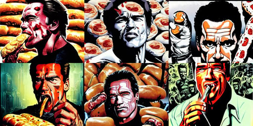 portrait of arnold schwarzenegger licking pepperoni rolls, side, ridley scott, masamune shirow, Russ Mills