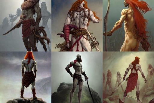 portrait of a kratos, atop a giant pile of soulless husk humans in a foggy hellscape, back and side profiles. character design by disney, epic anthropomorphic spirit girl character posing for concept art, ginger extra very long hair, path to heaven, art by brian froud and zdzisław beksinski and alphonse mucha, Jean-Léon Gérôme