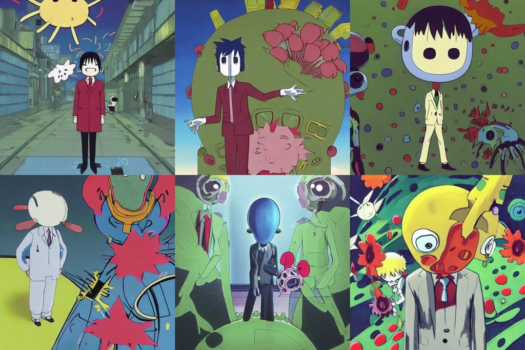 Alien in a human suit, by Studio Trigger for Nichijou, art by Francis Bacon, Flowers and Lush Vegetation, Animation ..., 35mm octane render, art by Joan Miró, huddling over a piece of ancient technology, anthropomorphic, shot on 70mm, art by miyazaki and Ian McQue and Akihiko Yoshida and Katsuya Terada, atmospheric, art by Vincent Van Gogh, banner