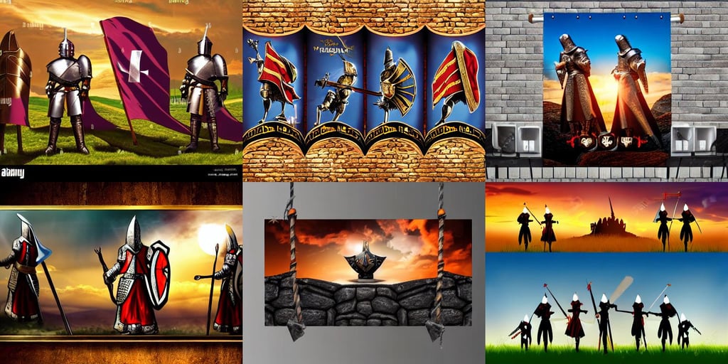 medieval knight use banner flag, standing facing front, harem, cinematic sunset, floating rocks, neat and tidy