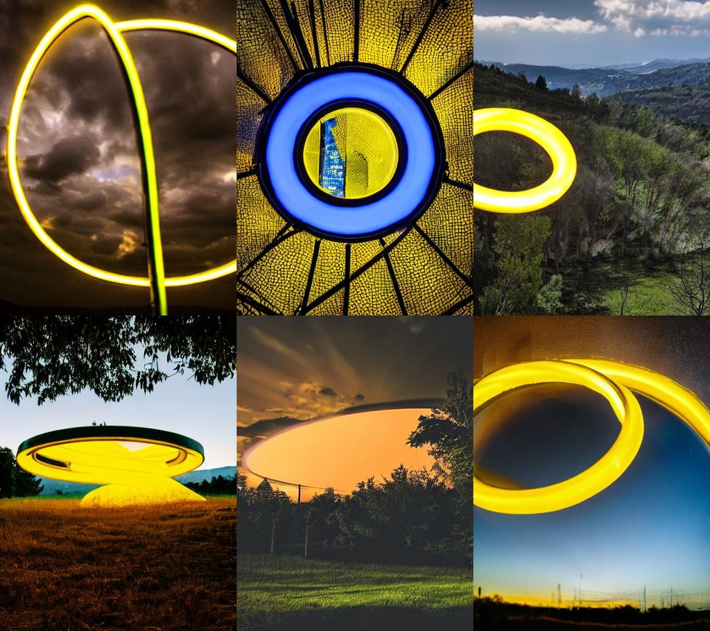 a professional photographic view picture of a huge yellow neon ring above a land