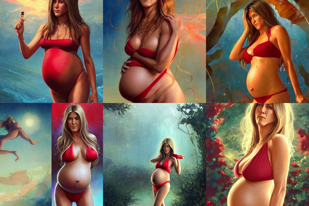 pregnant jennifer aniston in a red bikini, Fantasy LUT, by mignom and tsuaii, digital artwork by karol bak and rhads, art by Ayami Kojima, light gold mist, concept art by Ilya Kuvshinov, up close shot, diablo 2, tranquil divine observer Nymph by ismail inceoglu nicolas, leaves!! fantasy, art adams, elden ring concept art, short denim shorts, smiling :: attractive, weed, rainbow is painting the sky