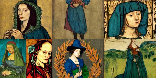 medieval portrait of woman wearing dress made of leaves, art by Albrecht Dürer, dnd character art, art by Caspar David Friedrich, style of Maxfiel..., landscaping and lawns, by Wētā FX, teal, umbilical cord, art by Edvard Munch, art by Jan Van Eyck, ultra detailed, art by Édouard Manet, art by Sir Peter Paul Rubens, art by Mark Rothko, art by Marcel Duchamp, art by Gustave Courbet, art by Édouard Manet