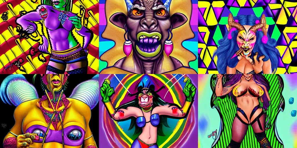 a full body portrait of an orc by lisa frank, smoking a cigar, fishnets wet t shirt, lots of thin columns which evenly spaced, small horns, ((winking))