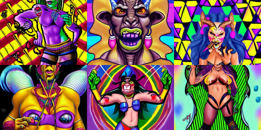 a full body portrait of an orc by lisa frank, smoking a cigar, fishnets wet t shirt, lots of thin columns which evenly spaced, small horns, ((winking))