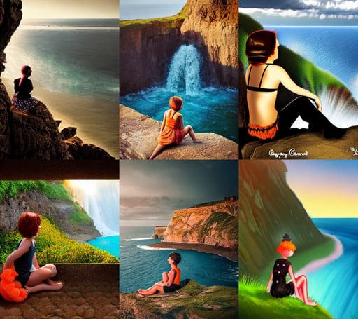 a girl sitting on a cliff overlooking the beach, candy landy background, black orange, medieval armor, boy has black short hair. Atmospheric lighting, waterfall, dieselpunk style, in style of Lee SOUDER