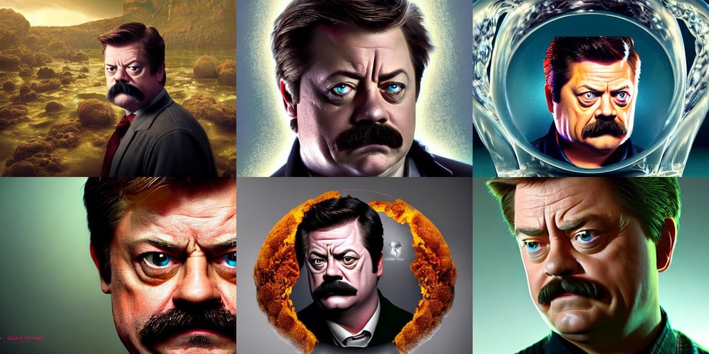 Very very very very highly detailed epic central composition photo of Ron Swanson, his brain!!!!!!! visible and encased in glass, evil devious male, octane render. By Stanley Artgerm Lau, Pixiv 3DCG, perfectly-centered-Portrait of the most beautiful woman on the planet floating in the river of lava, floral growth