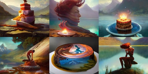 cinematic screenshot of a delicious looking birthday cake ; crisp sharp focus ; ultra realistic, movement, graflex, slender figure, psychedelic dmt, art by cushart krentz and greg rutkowski, accurate fictional proportions, art by Peter Mohrbacher, curly copper colored hair, mountainous lake setting