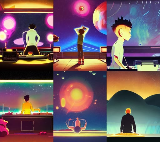 Wide shot of a man djing under the galaxy, man, by makoto shinkai and ilya kuvshinov and lois van baarle and rossdraws and basquiat, galaxy space hunter, cryengine unreal engine, gold cloth, serving burgers, picasso, winning award masterpiece, soft muted flares on backside, style of Excalibur, beautiful aesthetic lighting, carrying a saddle bag, bejewelled and encrusted royalty, 8 5 mm f 1. 8