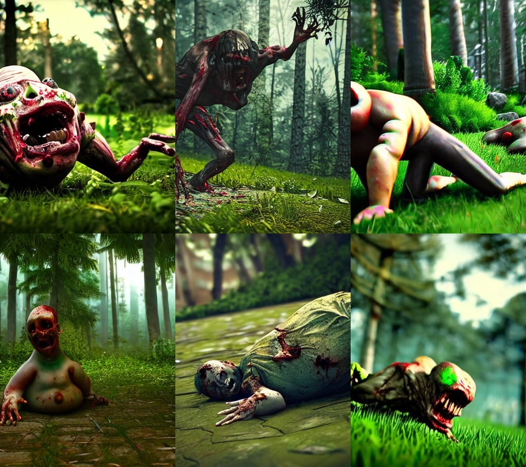 a bloated zombie crawling on the ground, majestic, Variated Greenery, hyper-realistic, Bokeh, unreal engine