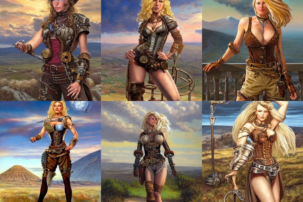 character concept art of a steampunk woman engineer | | blonde, by steve hanks, tan shorts, mount ararat very far away in the background, medieval poster, intricate upper body, lightning fantasy magic