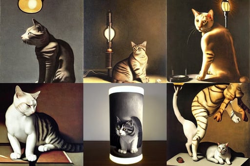 a cat as a lamp, art by Michelangelo Merisi Da Caravaggio, art by Artemisia Gentileschi, 1960s art, intricate design, the big bang