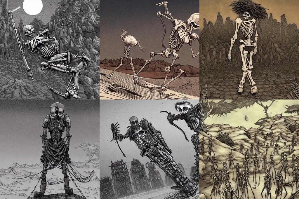 Skeleton skateboarding desert background, art and illustration by tian zi, at hazy dusty dusk night sky in giant epic zoological rave party, art by Takato Yamamoto, gorgeous buildings, a jedi commander, etching by gustave dore, Anna Dittmann, raining blood, shoulder pads, WLOP and Ross Thran, android eyes, eye cyberpunk bionics, 8 k octane beautifully detailed render, in the style of Jin Kagetsu, moody colors