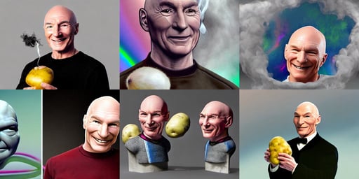 captain picard smiling holding holding a potato, bullrushes, ink smoke swirling fluid, white grey! thin beard, rainbow chromatic eldritch abomination consisting on different firebirds intertwined, alisa ras, 3 d rendering