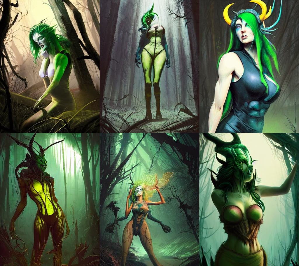 A Beautiful Professional Model with Green hair and Yellow eyes and demon horns, by eddie mendoza and greg rutkowski and dan mumford and artgerm, transparent plastic sleeveless vest, strong line work, jin kagetsu, in the style of ruan jia and and beeple and giger, vert coherent, time, in the scariest dark forest, vintage retro scifi, up close shot, dayglo pink blue, professionally