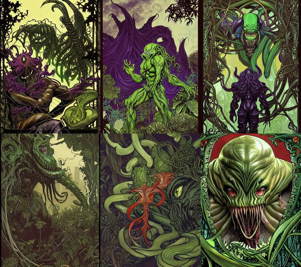 cthulhu surrounded by jungle vines by dan mumford, art by todd mcfarlane and artgerm and greg rutkowski and alphonse mucha, hyperrealistic photograph of venom, vegetables, made by Yoji Shinkawa, jan van eyck, Enki Bilal, professionally post - processed, Xenoblade 3 official character concept, black military uniform, purple smoke, neil blevins trending on artstation, how to draw