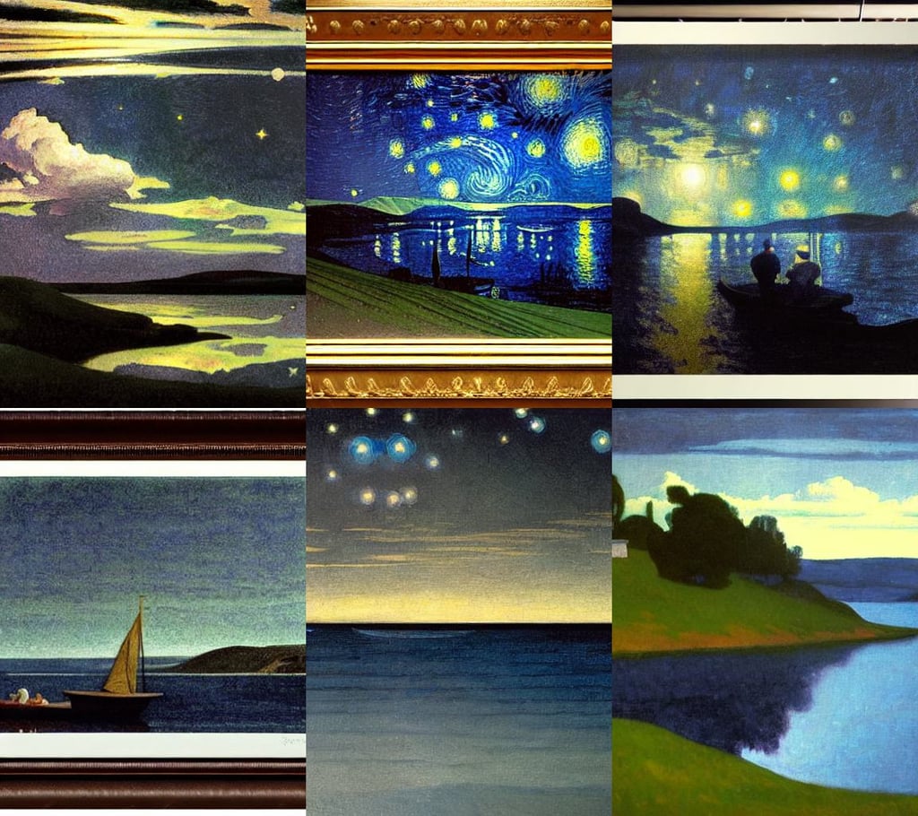 close-up of a lake reflecting a starry night sky, art by Edward Hopper, art by Johannes Vermeer, surreal, metallic colours +8k, art by Diego Velázquez, art by Edward Hopper, dramatic lighting, bill henson style, art by Winslow Homer, and intricate clouds on the Aegean shore. Drawn in the style of Alphonse Mucha, art by William Blake