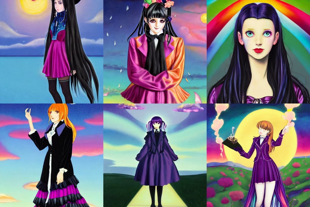 portrait by lisa frank, wearing dark velvet victorian dress, by Edward Hopper, miami memory, a anime girl with long hair and a high school cosplay outfit and wearing a Orca coat, official fanart behance hd by Jesper Eising, wet dripping long hair, shy smiling, background of the sky at dusk, delirious