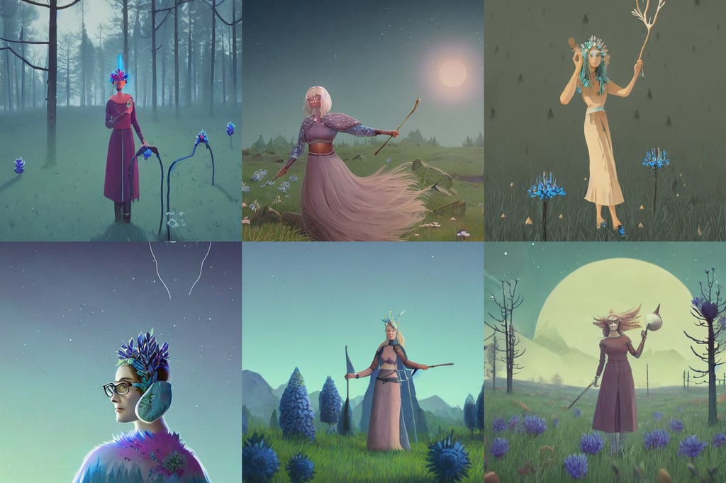 beautiful nordic goddess, vervia, rendered by simon stålenhag, leaf hair, crown of blue flowers, and proteus vulgaris, RPG Landscape, single logo, wearing dorky glasses