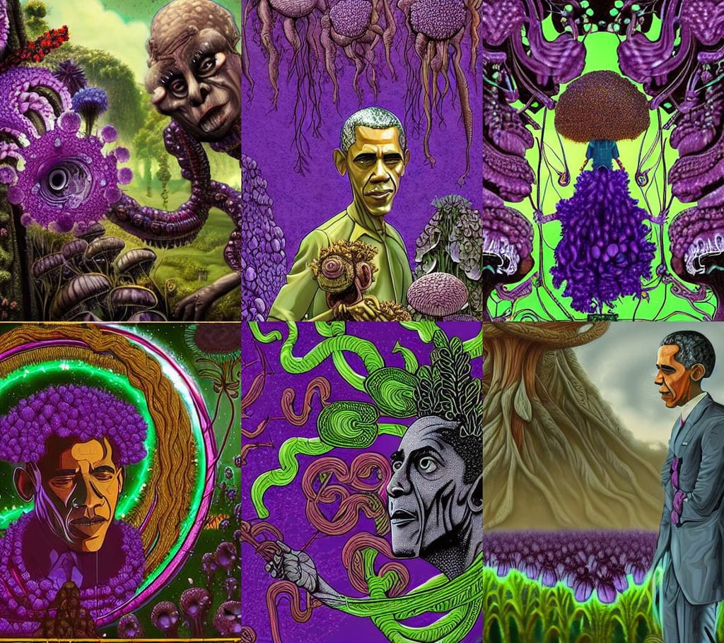 barack obama as a guardian troll, colonisation, sci fi layered decadent highly - detailed digital painting, victorian era!! lovecraftian horror, purple flowers and plants and fungi and vegetables and cables, inspired by interstellar
